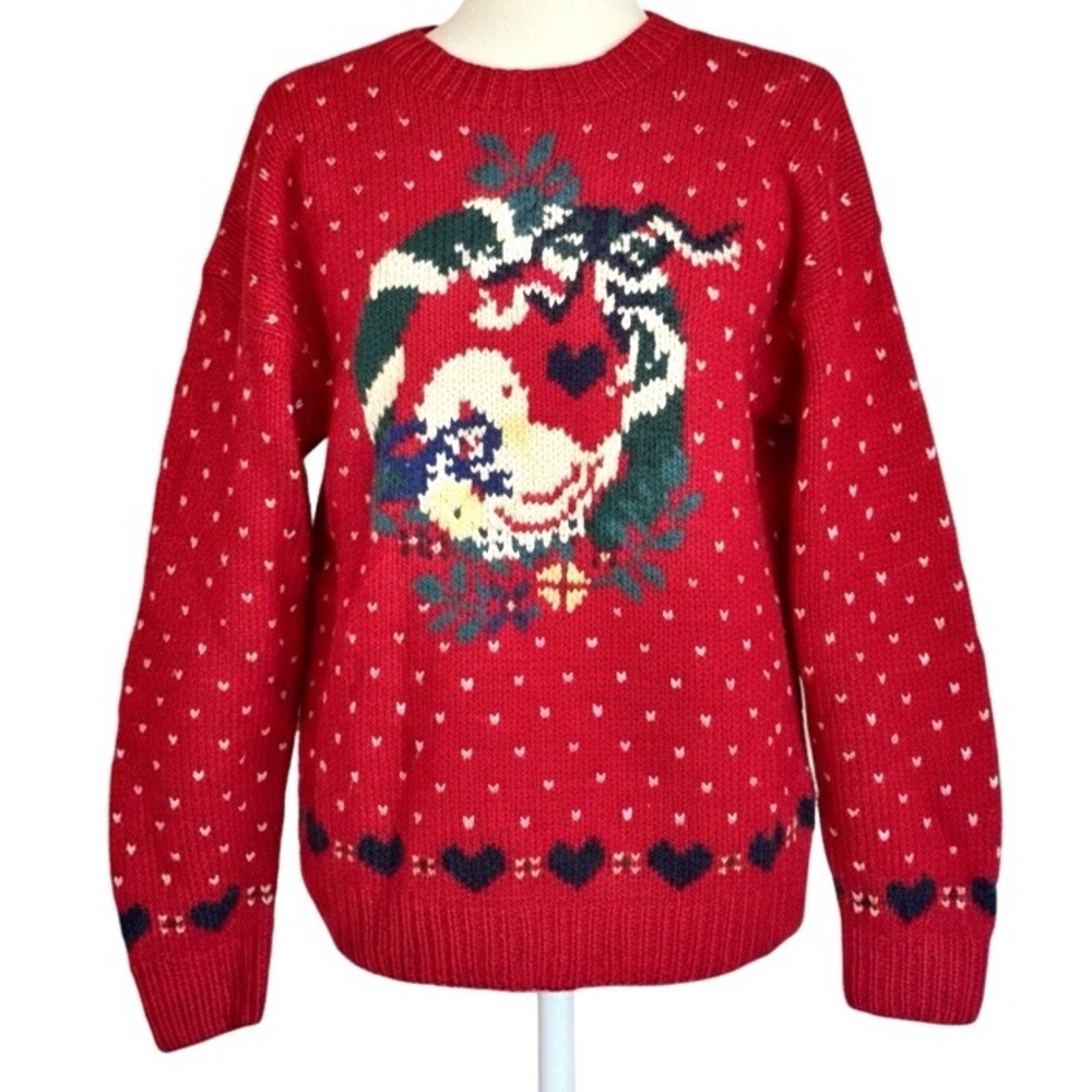 Eddie Bauer Vintage 1989 100% Wool Christmas Sweater Red Duck Wreath Holiday Med